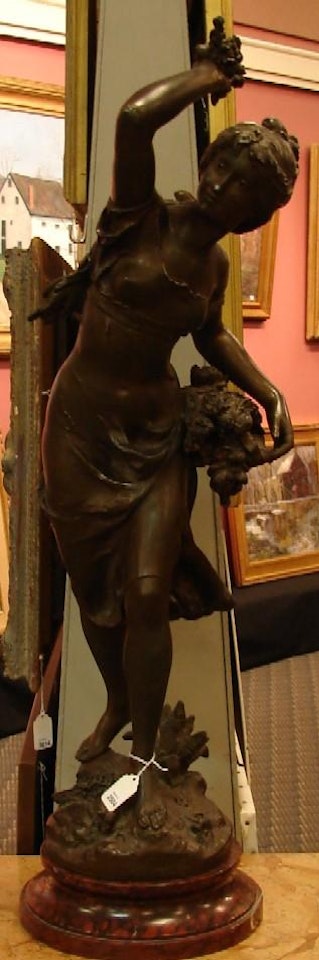 Bataille Des Fleurs, standing female with bunch of flowers under left arm, throwing flowers with her right hand by Mathurin Moreau