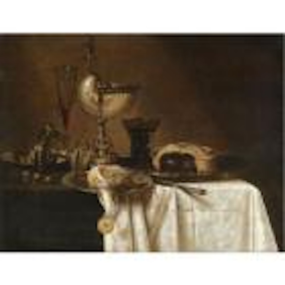 Still life with an overturned tazza, a tall wine glass, an open pie on a pewter plate, a partly peeled lemon and a nautilus cup, all arranged on a partly draped table by Willem Claesz Heda