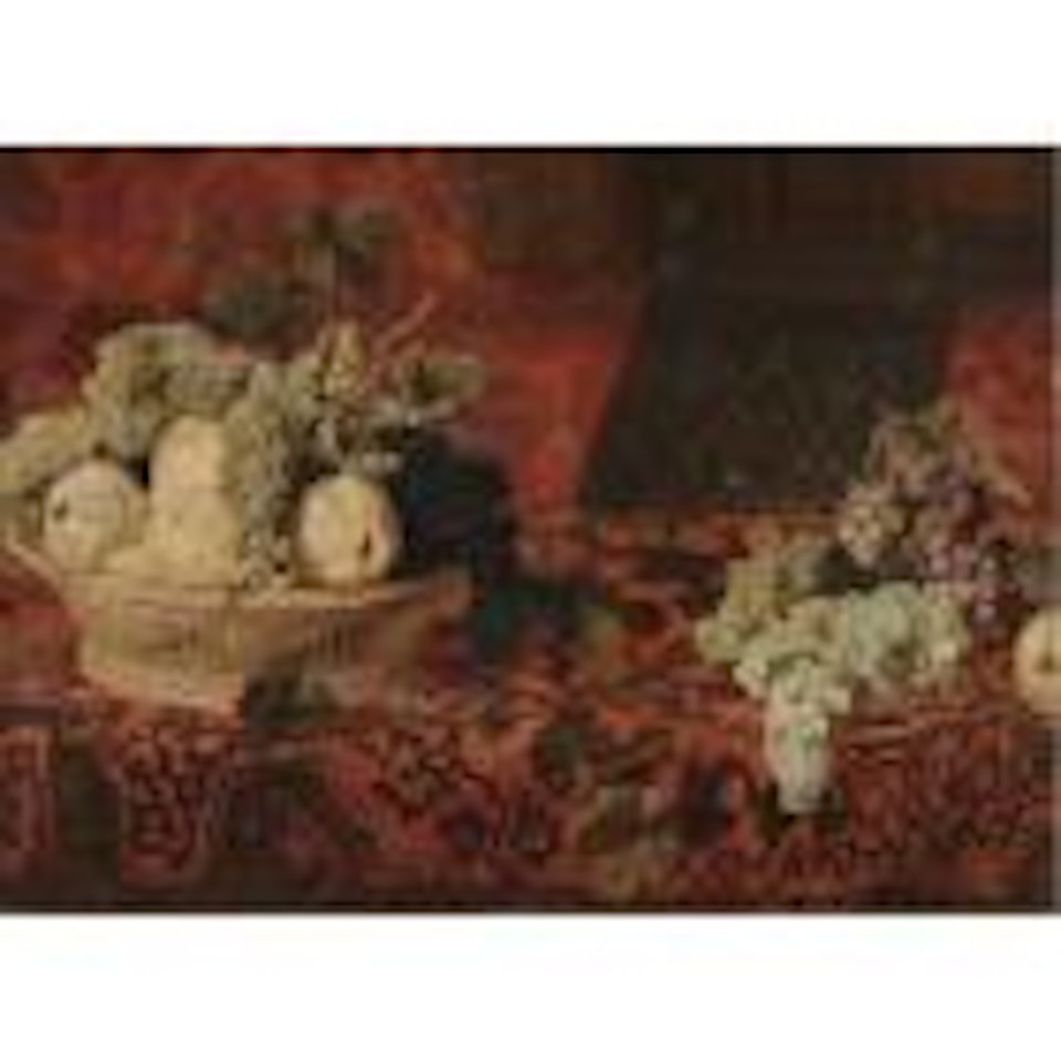 A still life of pears, red and white grapes in a wicker basket on a table draped with an embroidered blanket by Frans Snyders