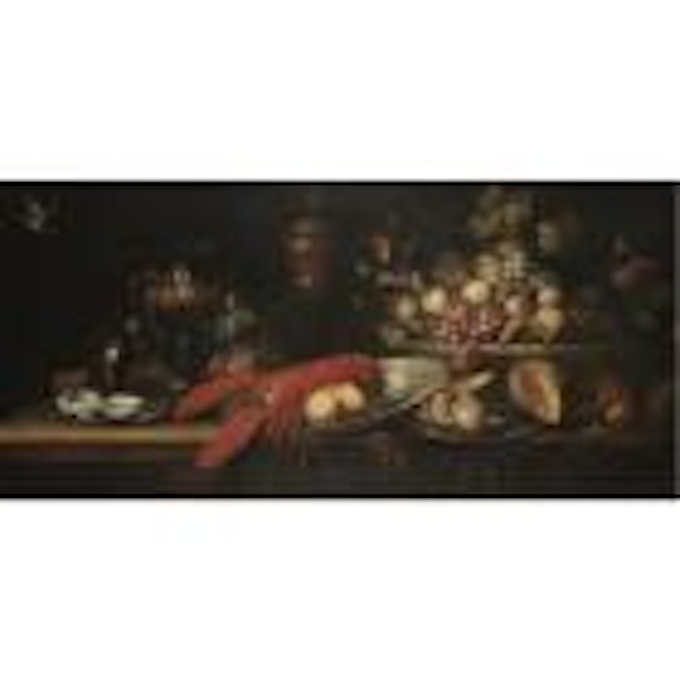 Still life with grapes, peaches and plums in a large basket with other fruit, a lobster in a porcelain bowl, a tazza, a pronckblokaal, and a squirrel on the partly draped table below by Pseudo Simons