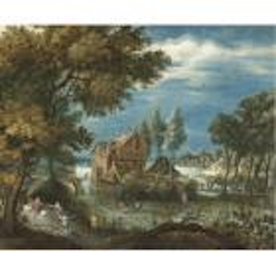 A river landscape with a horse and cart, huntsmen in a rowing boat beyond by Adriaen van Stalbemt