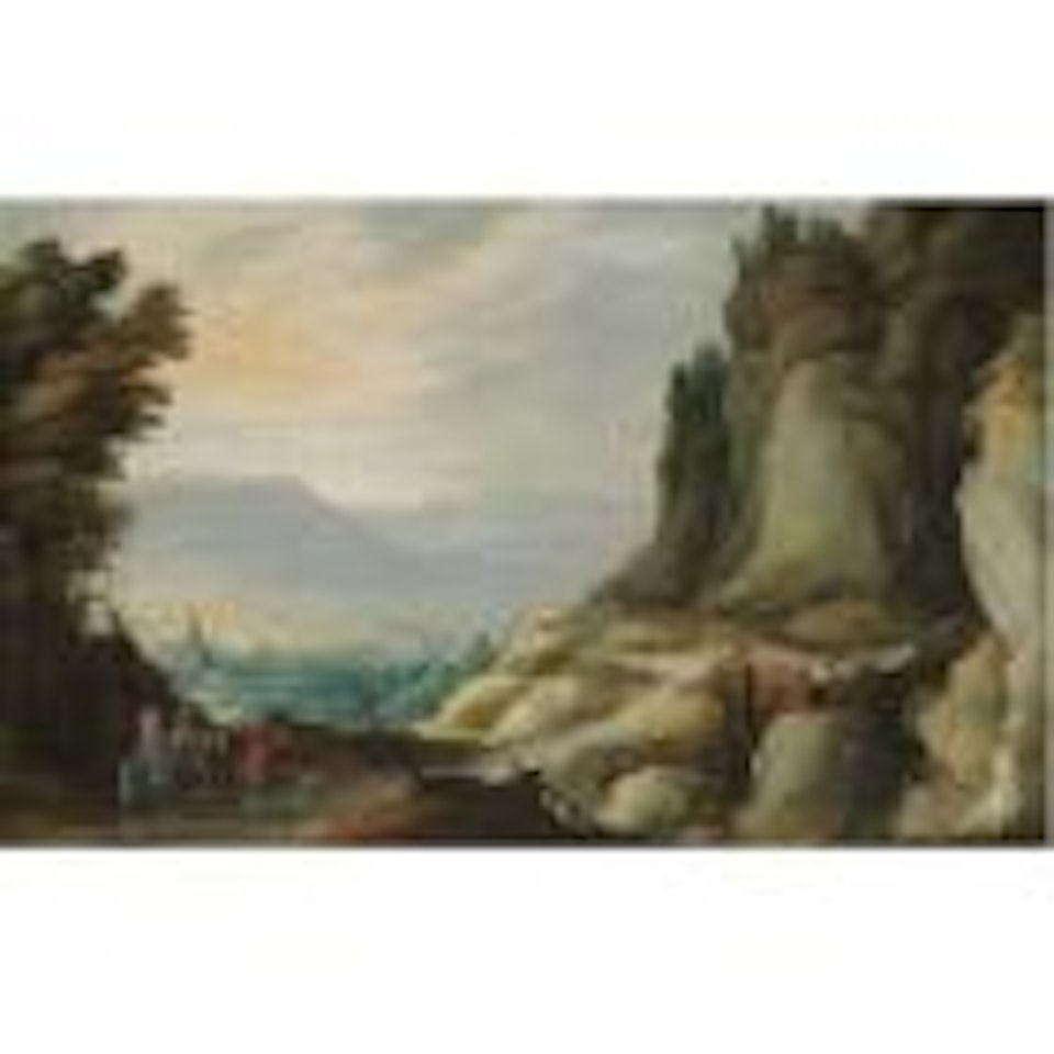 An extensive rocky landscape with travelers on a path in the foreground by Joos de Momper the Younger