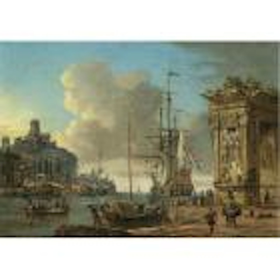 A Mediterranean harbor scene with a Dutch man o'war at anchor with Orientals conversing in the foreground beneath a Roman triumphal arch by Abraham Storck