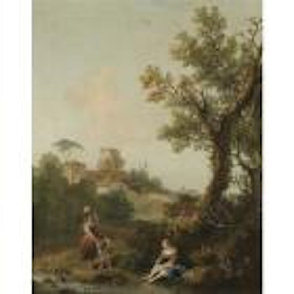 A wooded river landscape with a boy and his mother fishing and another woman resting in the foreground, a traveler approaching a village beyond by Francesco Zuccarelli