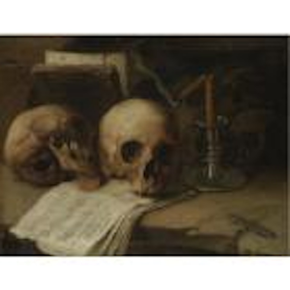 A vanitas still life with skulls, an extinguished candle and musical scores on a stone ledge by Spanish School