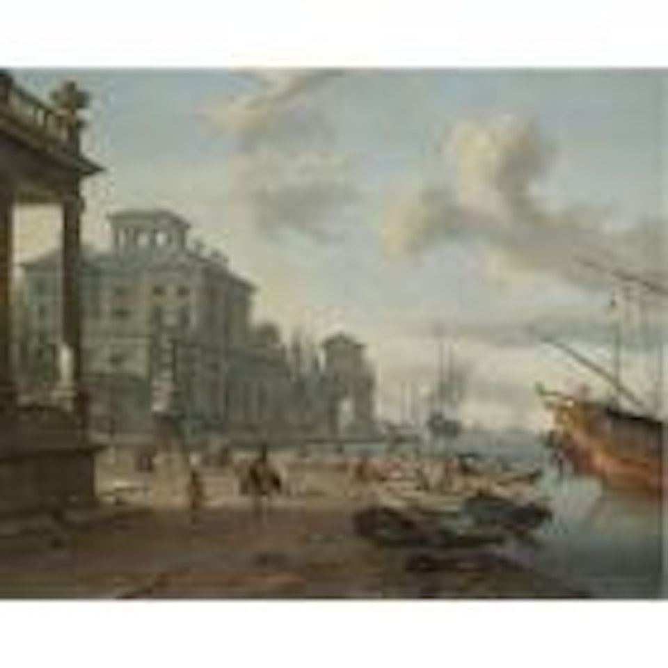 A capriccio view of an Italianate harbor  with figures on the quay beneath classical buildings by Abraham Storck