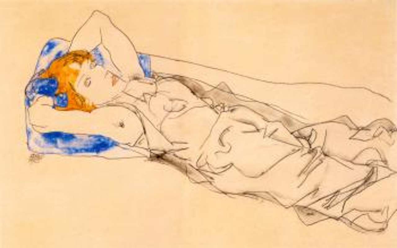Auf einem blauen Polster Liegende mit goldblondem Haar (Wally Neuzil) by Egon Schiele