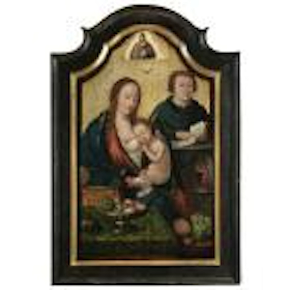 The Holy Family, seated before a table laid with various fruit on an embroidered green cloth by Quinten Metsys