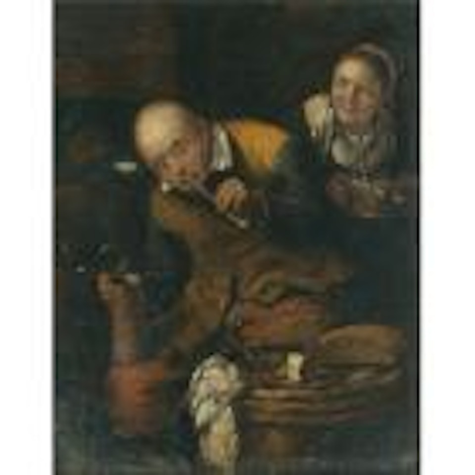 An interior with a peasant couple drinking, smoking and eating by Egbert van Heemskerk III
