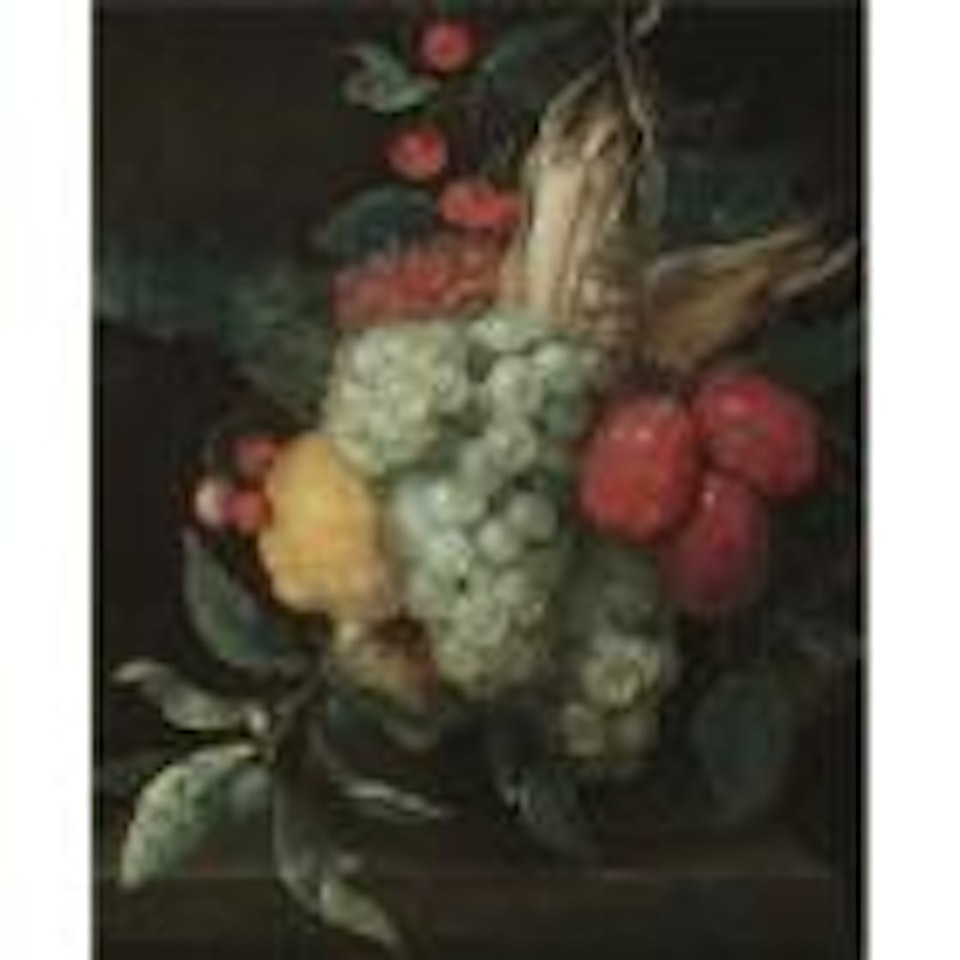 A still life with a festoon of grapes, plums, lemons, cherries, wild strawberries and a corn on the cob by Jan Pauwel Gillemans