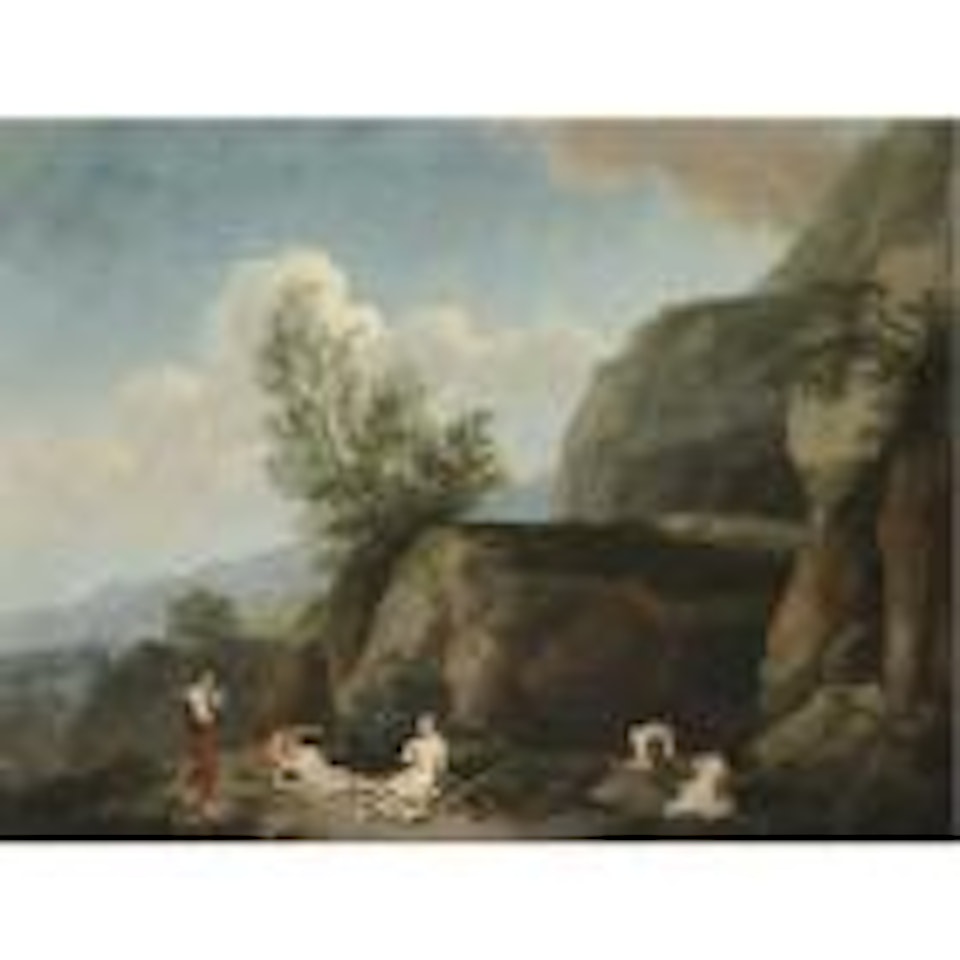 A mountainous landscape with nymphs bathing in the foreground and a woman carrying a child, possibly the finding of Moses by Christian Wilhelm Ernst Dietrich