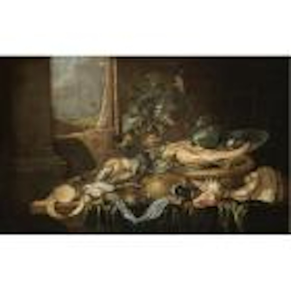 A still life with a knife, a partly-peeled lemon, a compass, an oyster, a sword, shells, wine leaves around a roemer of wine and the jawbone of an ass on a pewter plate, all on a partly-draped table, a landscape beyond by Jan Davidsz de Heem