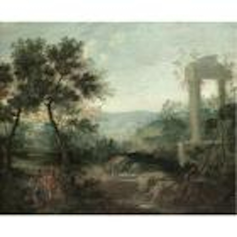 A Rhenish landscape with Roman soldiers in the foreground by German School