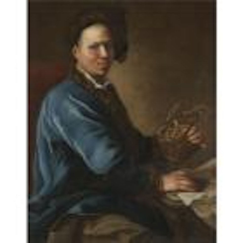 Portrait of an artist, half length, wearing a blue coat with a fur trim and a brown hat, holding an urn and a pen, said to be Francesco Simonini (1686-circa 1753) by Venetian School