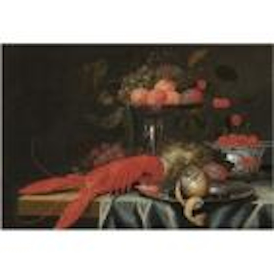 A still life with apricots, cherries and grapes in a silver tazza, cherries in a porcelain dish, red and white grapes, together with a lobster, a shrimp and a partly peeled lemon on a silver dish, on a partially draped table by Jan Davidsz de Heem