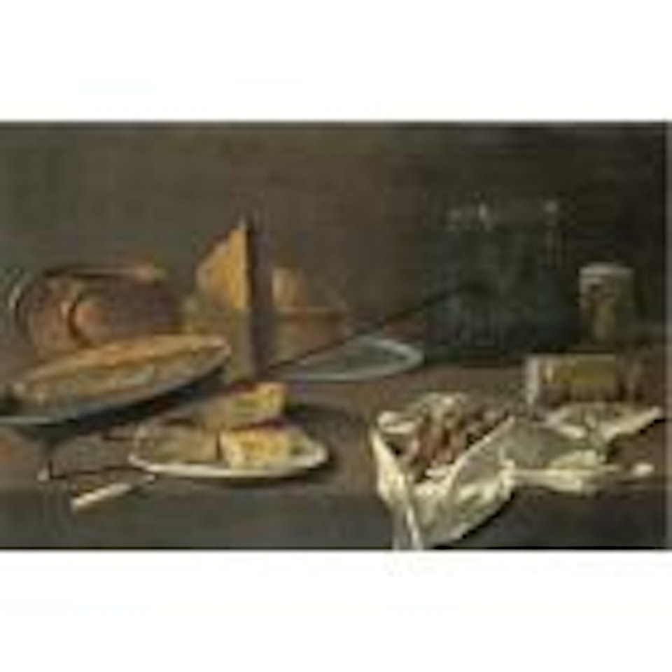 A still life with an earthenware jug, a tortilla in a frying pan, chestnuts in a white napkin, two jars and two vases, together with other items of food by Spanish School