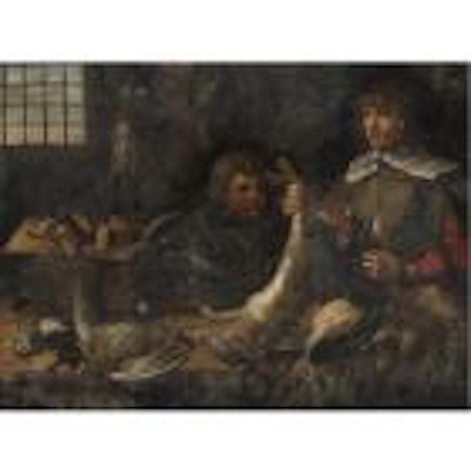 A kitchen interior with two young men with the spoils of a hunt by French School