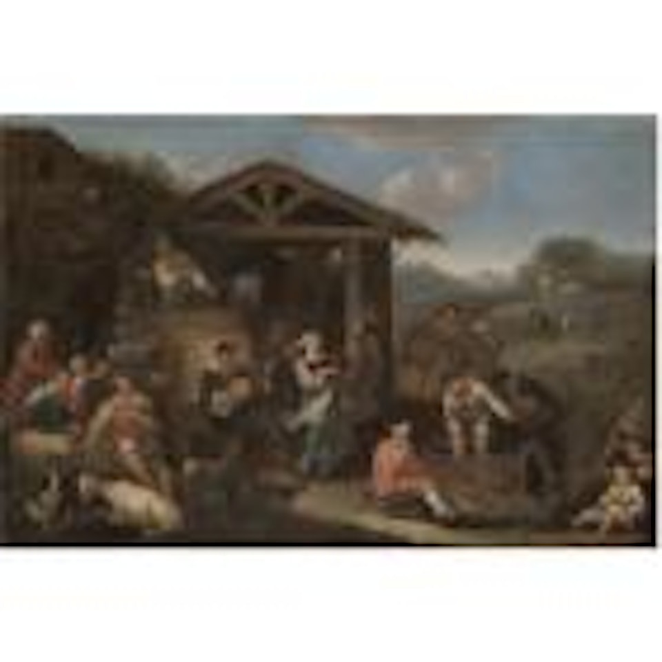An Italianate landscape with peasants making merry and pressing grapes by Theodor Helmbreker