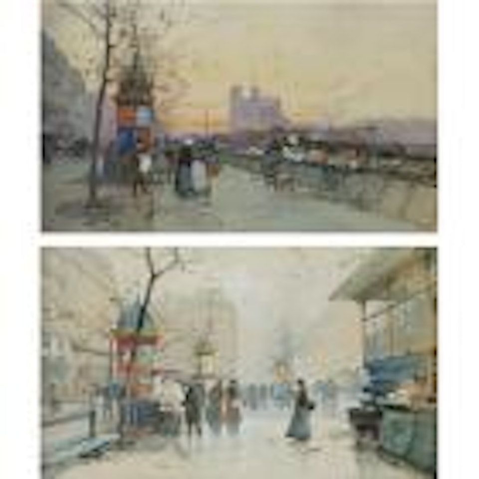 Vue de Notre Dame, Quai de Montebello. Boulevard des Capucines, Kiosque à journaux by Eugene Galien-Laloue