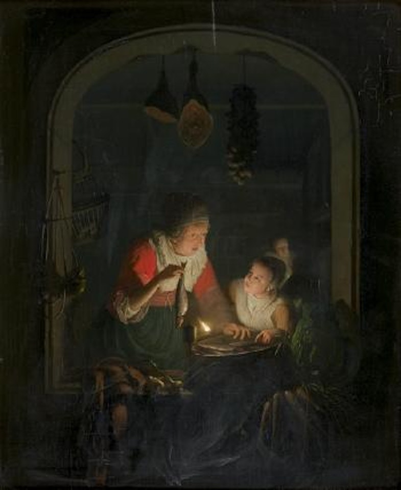 Une cuisinière préparant de poissons à l'embrasure d'une fenêtre by Petrus van Schendel