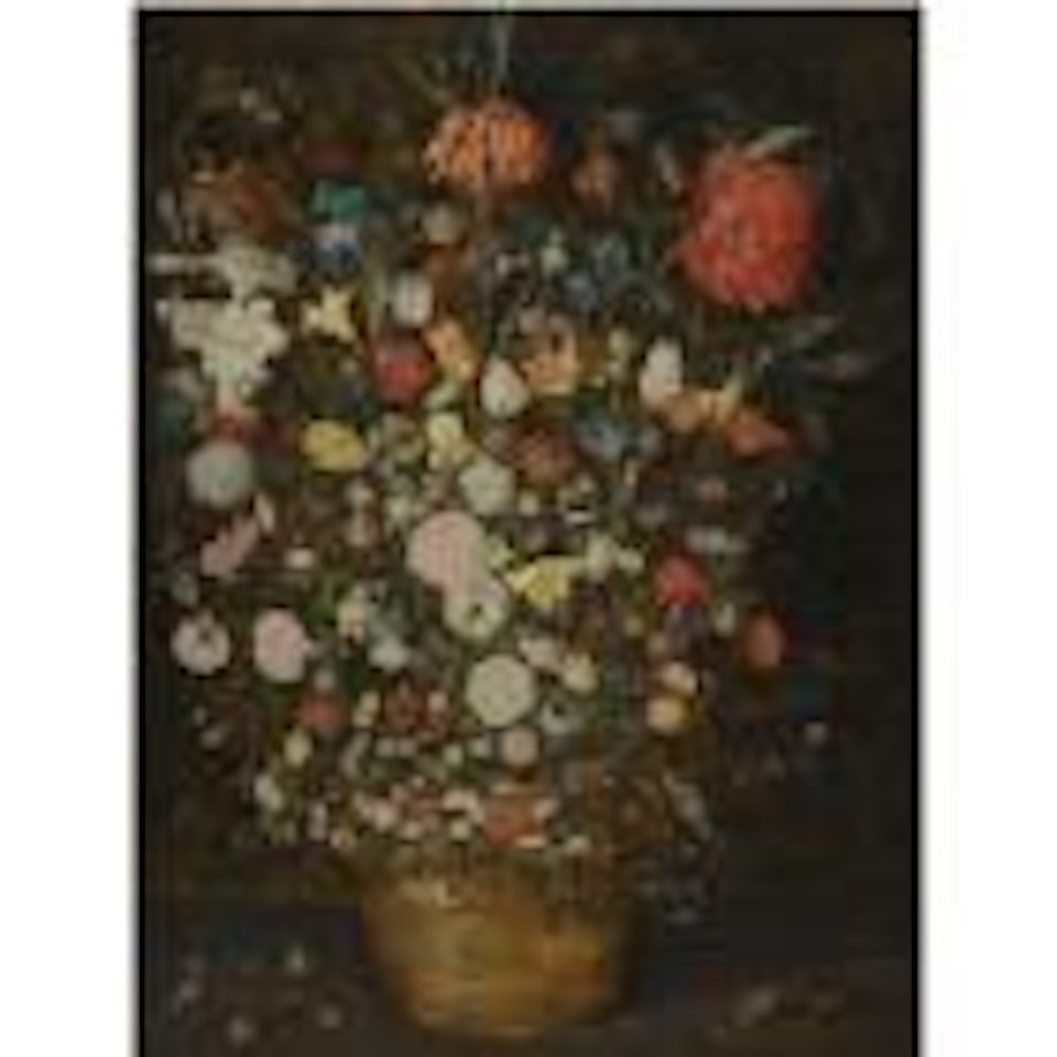 Still life with a large bouquet of flowers in a basket, incl. a crown imperial lily, roses, tulips, an iris, cornflowers, jonquils, grape hyacinth, fritallaries, wood anemones, cyclamen, virburnum, butterwort, with butterflies, bugs and berries by Jan Brueghel the Younger