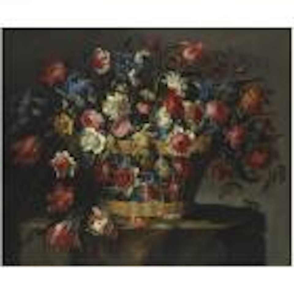 A still life with carnations, parrot tulips, roses, iris, daffodils, morning glory and lillies of the valley, all in a basket over a stone ledge with grasshoppers and a butterfly by Juan de Arellano