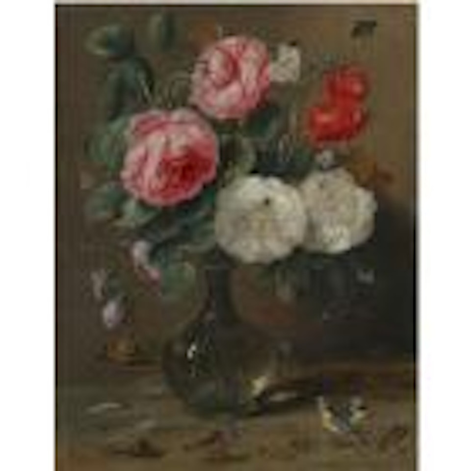 Still life of roses in a glass vase with numerous insects, including butterflies, a ladybird, a bee and a dragon fly, together with further insects and small songbirds, including two bluetits by Jan Van Kessel The Elder