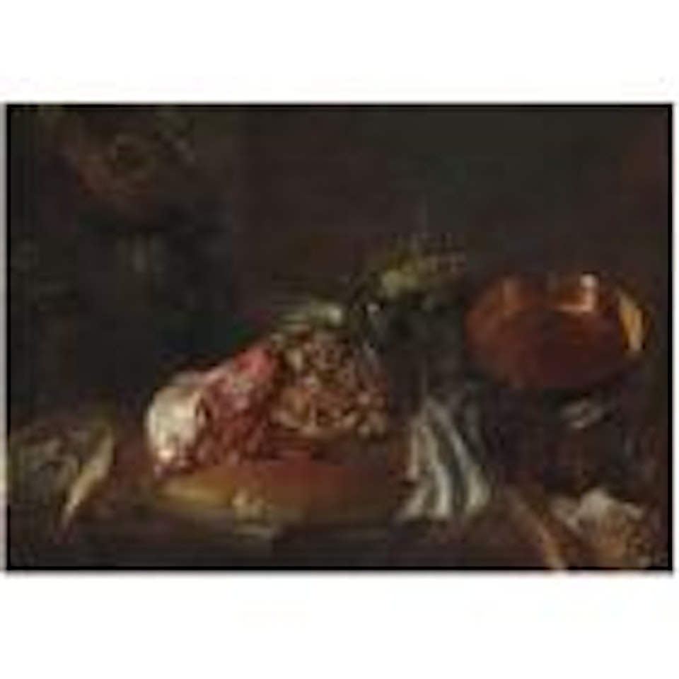 Interno di cucina con carni, verdure, pane e pentole di rame by Giuseppe Recco