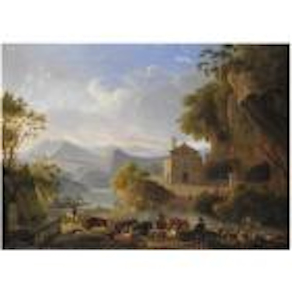 Paesaggio con pastori con il gregge, una chiesa sul fondo by Roman School