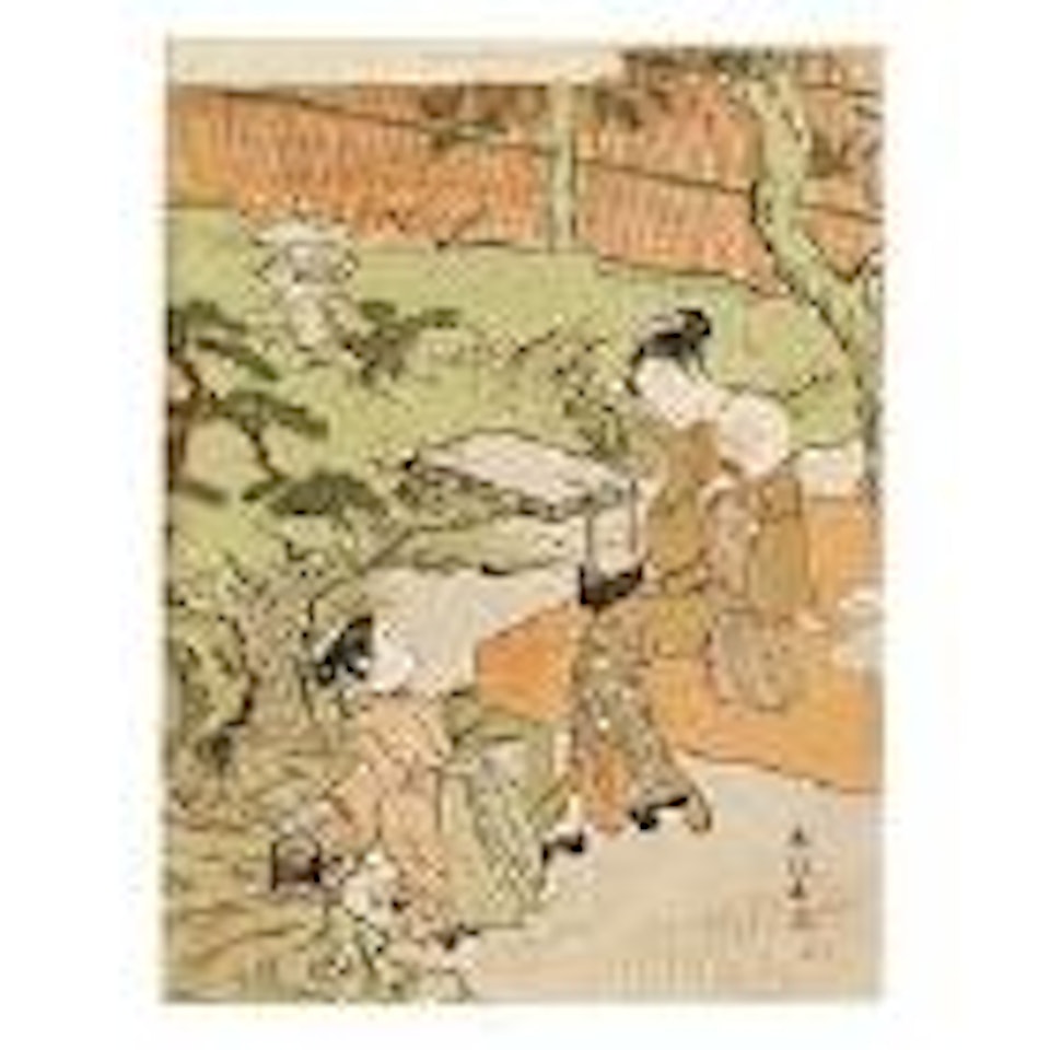 Deux jeunes femmes assises dans un jardin pres d'un cours d'eau by Suzuki Harunobu