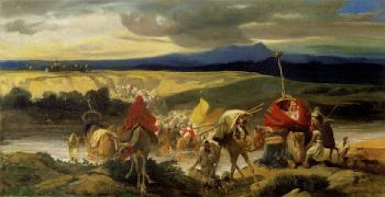Caravane au palanquin rouge, traversant le gue by Eugene Fromentin