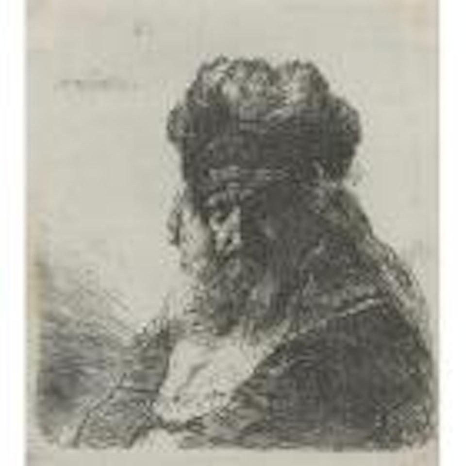 Old bearded man in a high fur cap, with eyes closed (B., HOLL. 290; H. 130; BB.35-3) by Attributed to Rembrandt Harmensz van Rijn