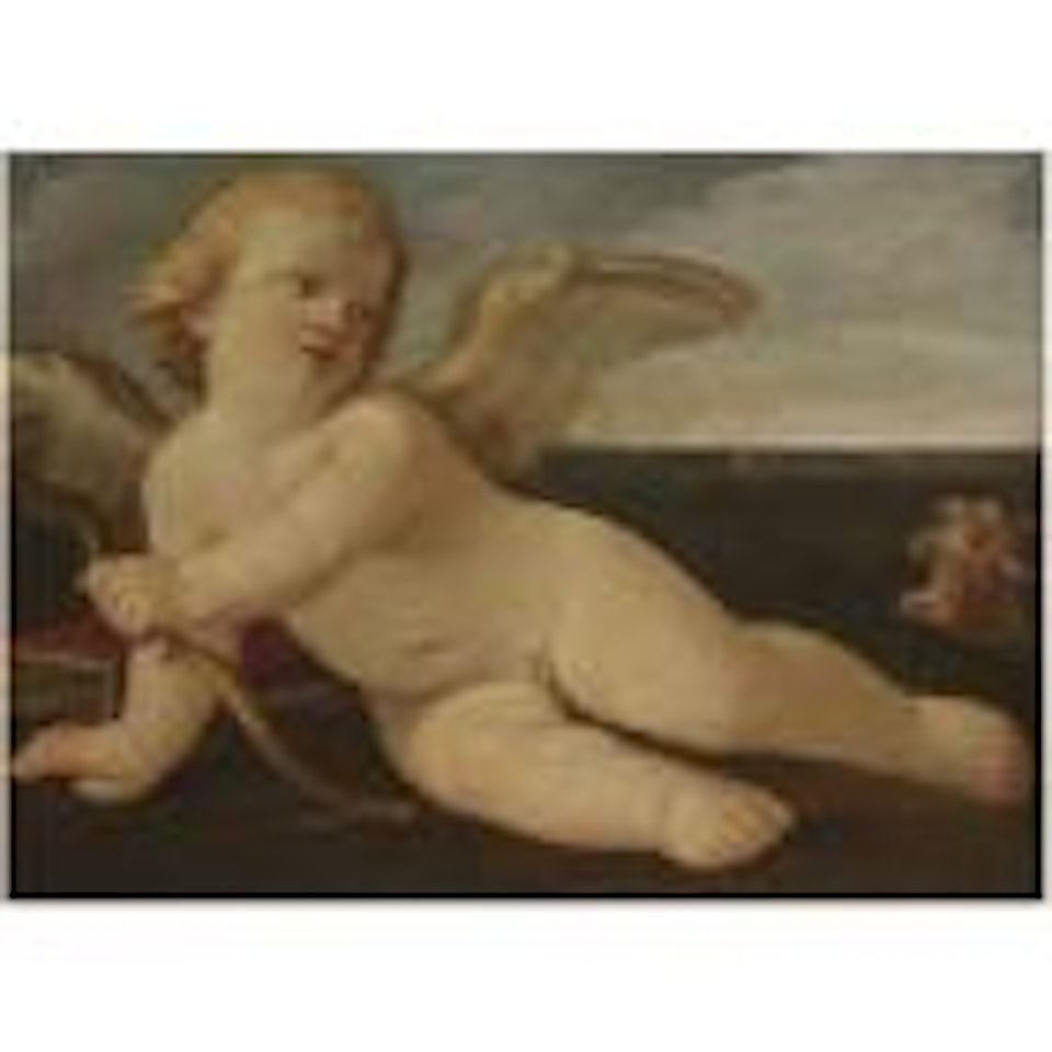 Cupid resting with a woman chasing a man in the background by Guido Reni