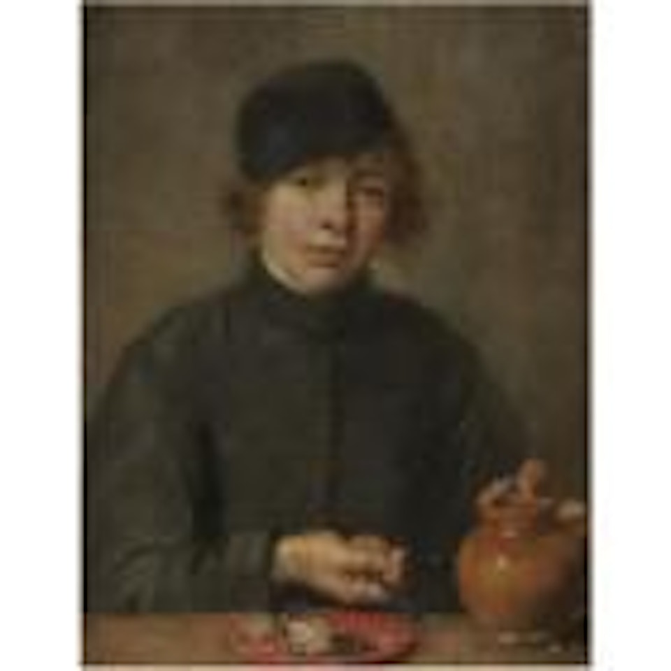 Portrait of a boy wearing a black cap and holding a knife and an earthenware jug by Flemish School