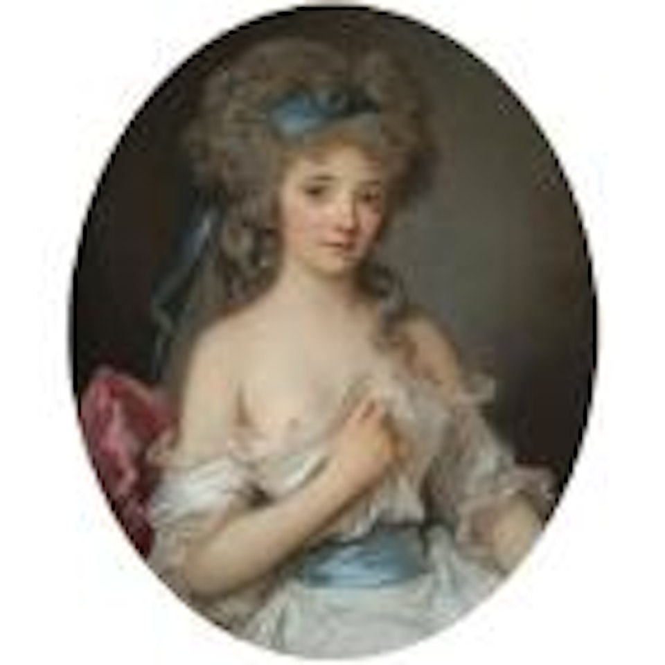 Portrait of a young lady, half-length, wearing a white dress with a blue ribbon in her hair by Angelica Kauffmann