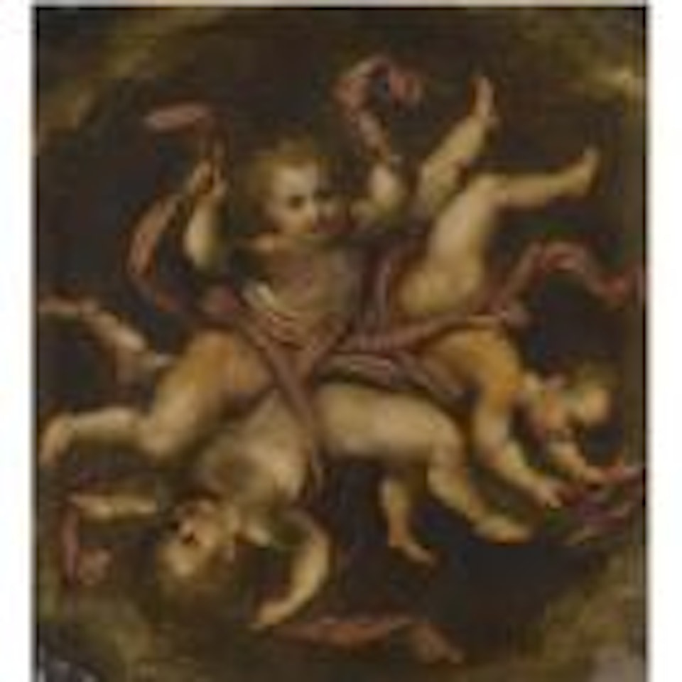 A circle of putti entwined with red drapery by Hendrick de Clerck