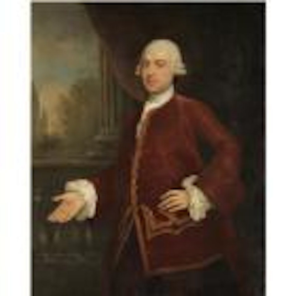 Portrait of a man, three quarter length, wearing a red jacket by French School