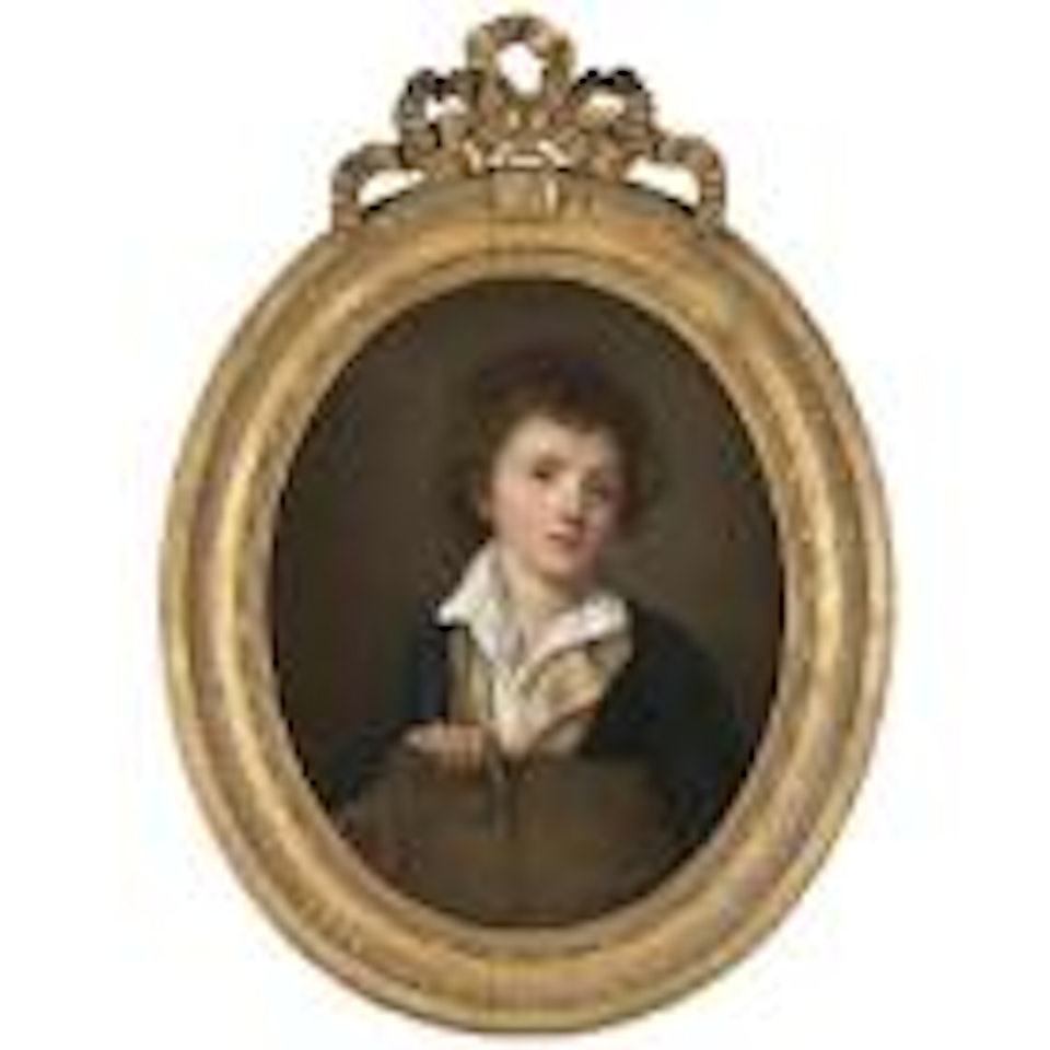 Portrait of a boy, half-length, wearing white shirt and a blue jacket and holding a pen and manuscripts by French School