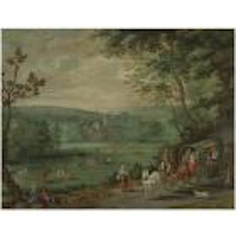 Wooded landscape with travellers in a horse and cart on a path, a chateau beyond by Jan Brueghel the Younger