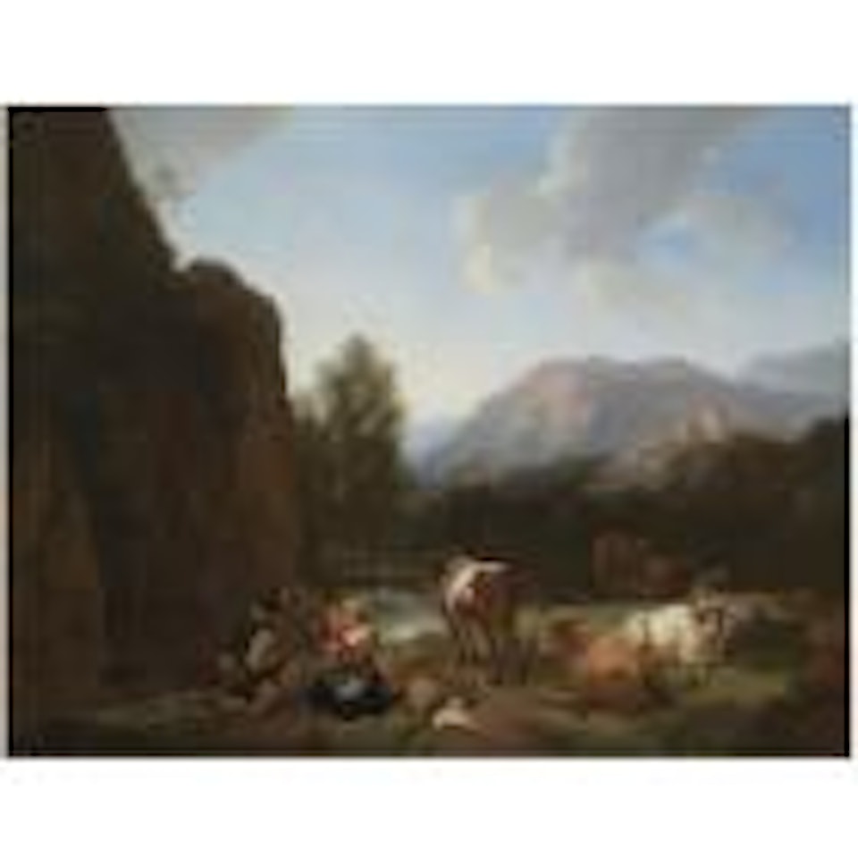 A mountainous river landscape with a herder, his family and his cattle resting in the foreground by Christian Wilhelm Ernst Dietrich