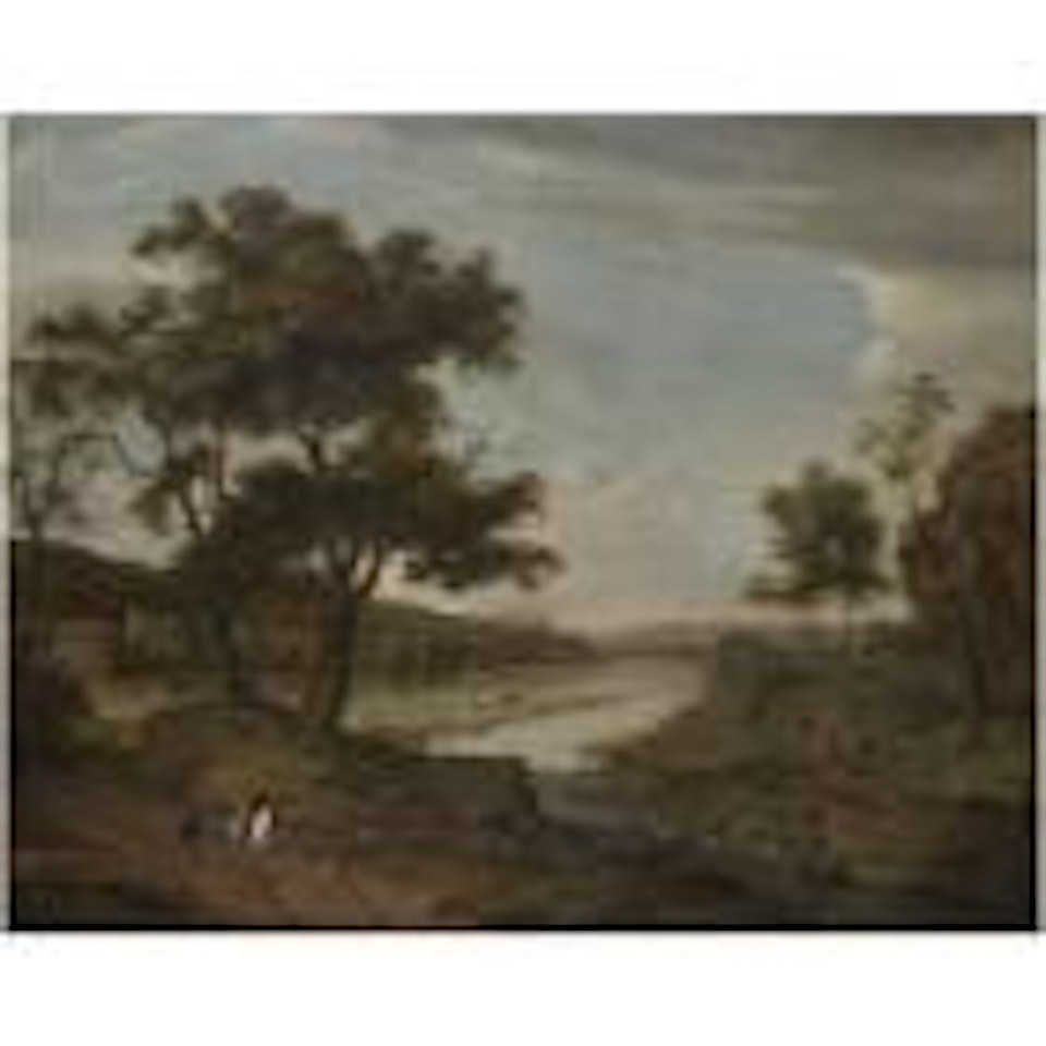 A river landscape with travellers on a path in the foreground by Isaac de Moucheron