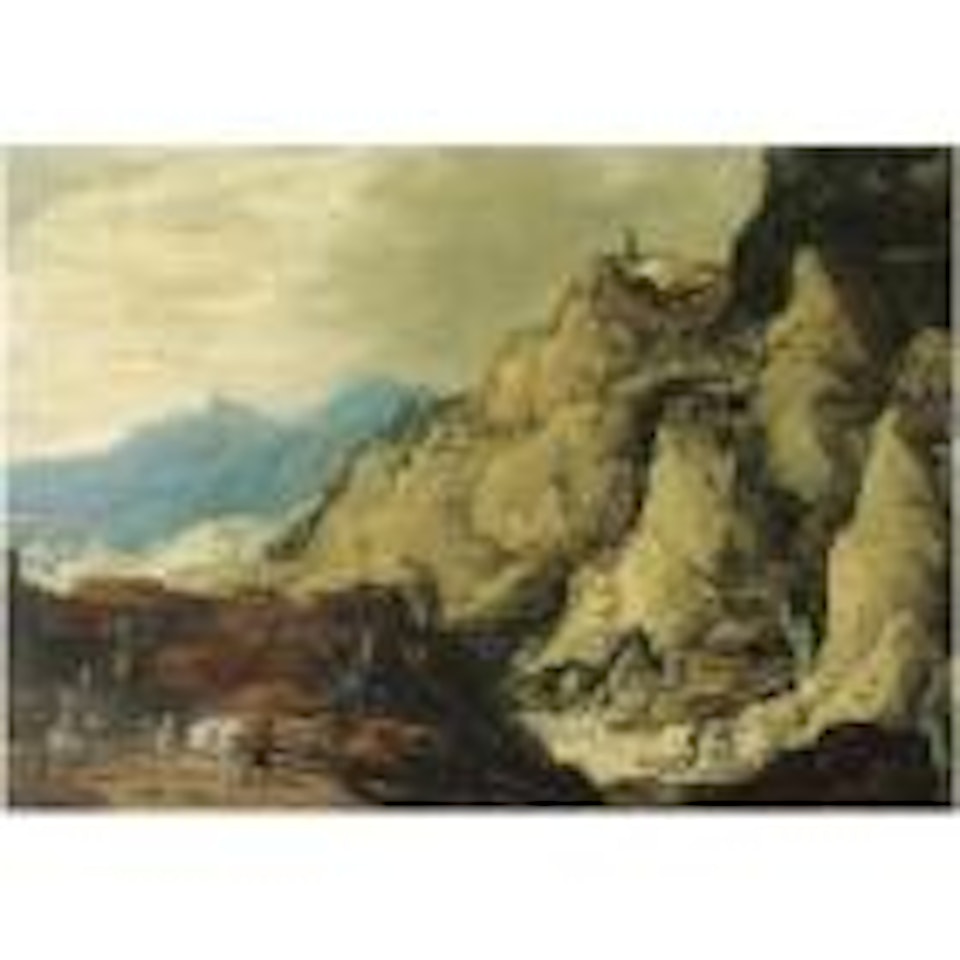 A mountainous landscape with travellers on a path by a rocky waterfall by Jan Brueghel by Joos de Momper the Younger