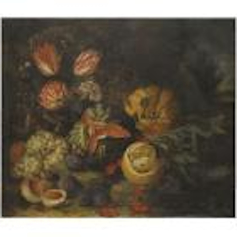 A still life with tulips, carnations, grapes, melons, peaches, cherries and a partly peeled lemon by Jan Pauwel Gillemans