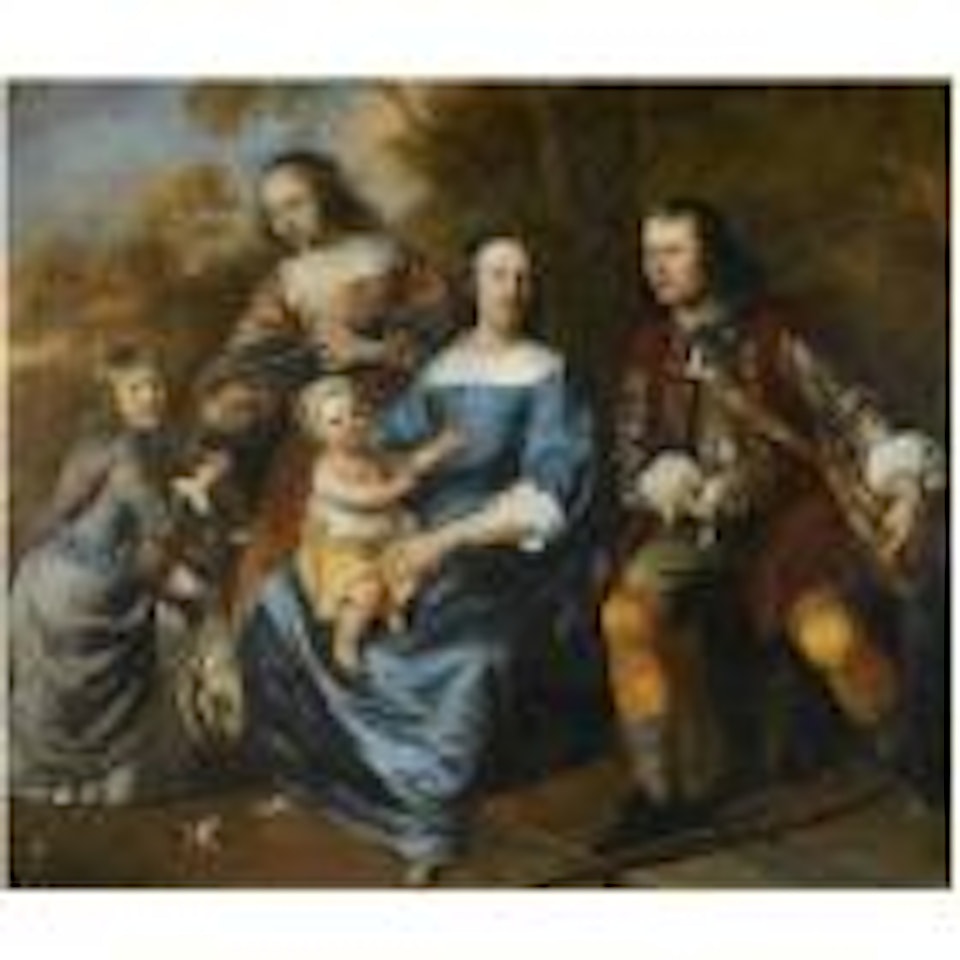 Portrait of a family; all full length, a mother sitting, dressed in blue, with three young children and a young man with a gun, possibly her husband, in a landscape by Jacob van Loo