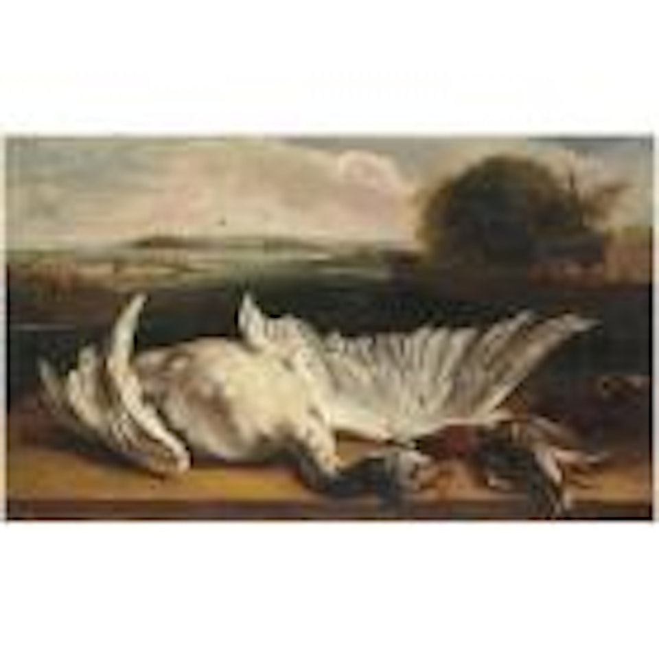 A dead swan and a mallard on a ledge before an extensive river landscape by Jan Weenix
