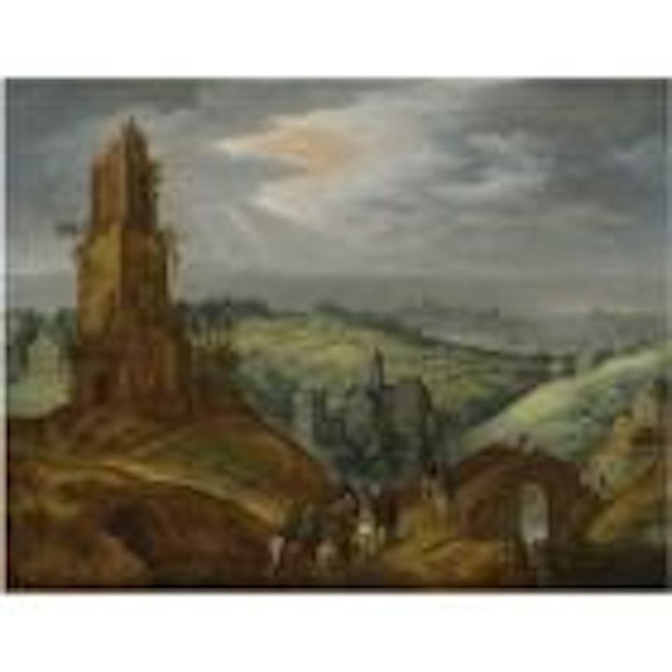 Landscape with travellers on horseback beneath a ruined tower, a distant city beyond by Tobias Verhaecht