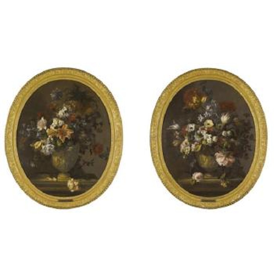 A still life with carnations, parrot tulips, forget-me-nots, and lilies of the valley in a sculpted urn on a stone ledge. A still life with carnations, parrot tulips and forget-me-nots, in a sculpted urn on a stone ledge by Jean Baptiste Monnoyer