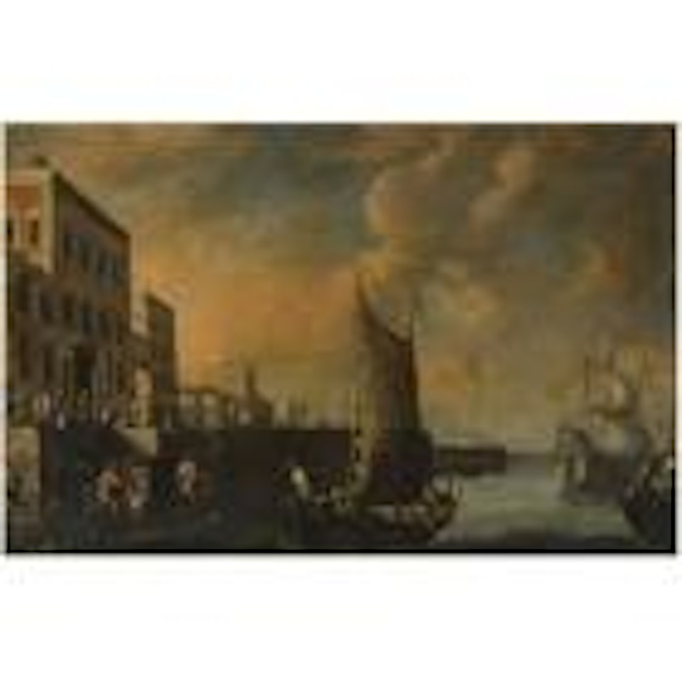A busy pier by a classical palace by Cornelis de Wael