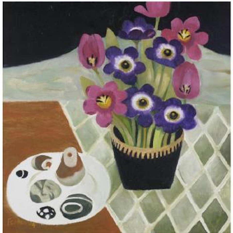 Tulips, violets and beach pebbles by Mary Fedden