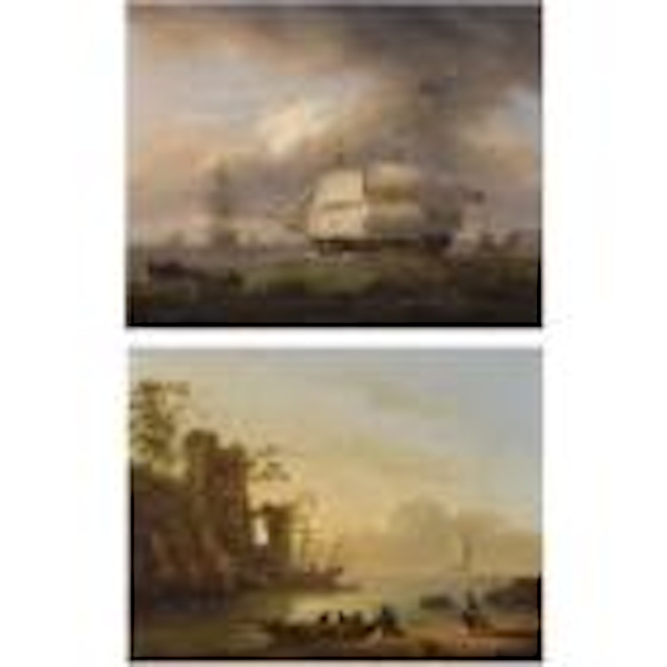 A 26-gun frigate of the royal navy off a headland; Fishermen in an estuary by Thomas Luny